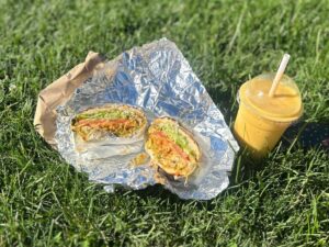 Two summer best-sellers that pair perfectly: “The Mexican” sandwich on a Kaiser roll and “Sam’s Special” smoothie. Photo by Anna Whitney.